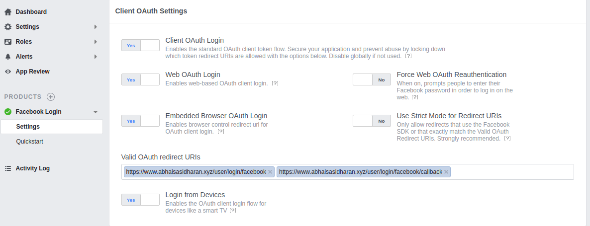 Facebook for developers login product settings