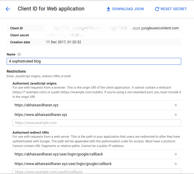 Google Oauth 2.0 Client ID and Secret
